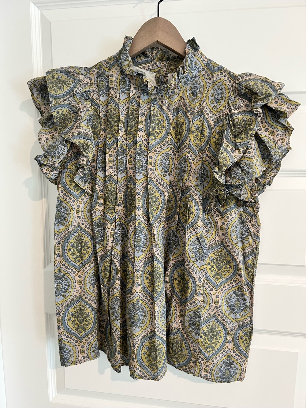 Victoria Dunn Ruffle Blouse Blue Green Size L